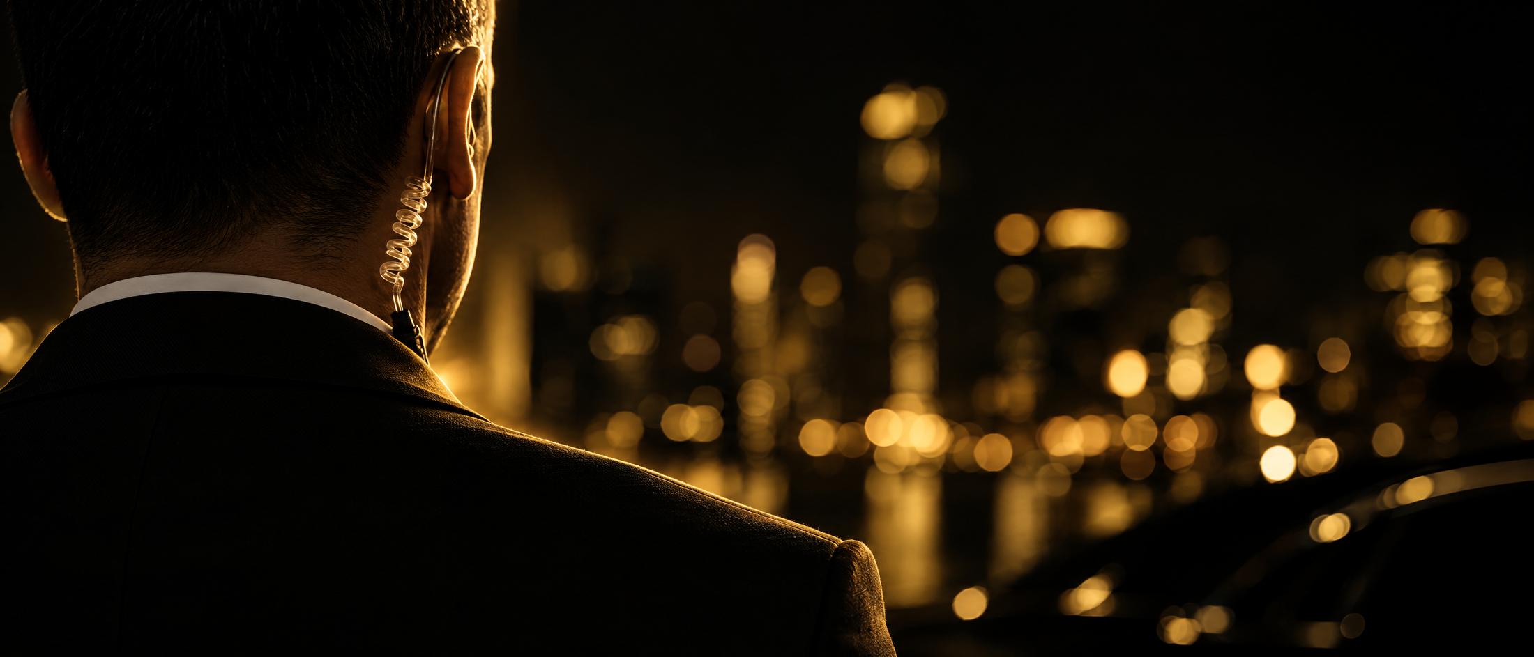 Protection agent in a black suit with an earpiece, looking out over city lights at night