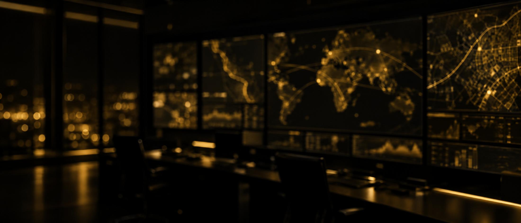 Security operations room with gold map screens at night