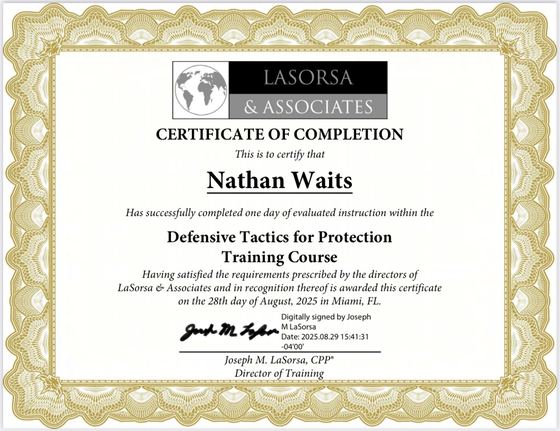 Certificate: Defensive Tactics for Protection Training Course, LaSorsa & Associates