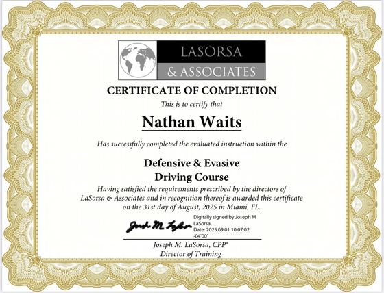 Certificate: Defensive and Evasive Driving Course, LaSorsa & Associates