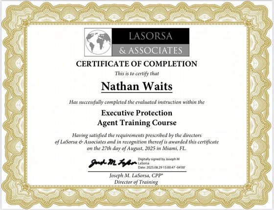 Certificate: Executive Protection Agent Training Course, LaSorsa & Associates