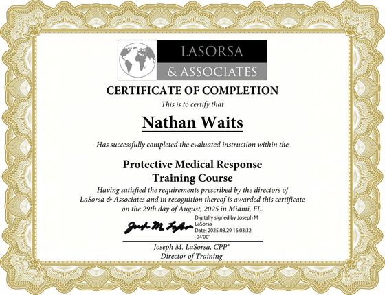 Certificate: Protective Medical Response Training Course, LaSorsa & Associates