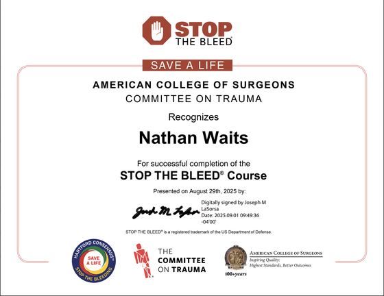 Certificate: Stop the Bleed course, American College of Surgeons Committee on Trauma