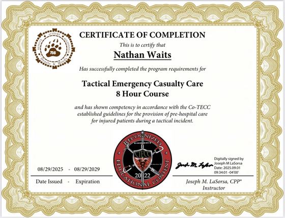 Certificate: Tactical Emergency Casualty Care 8 Hour Course