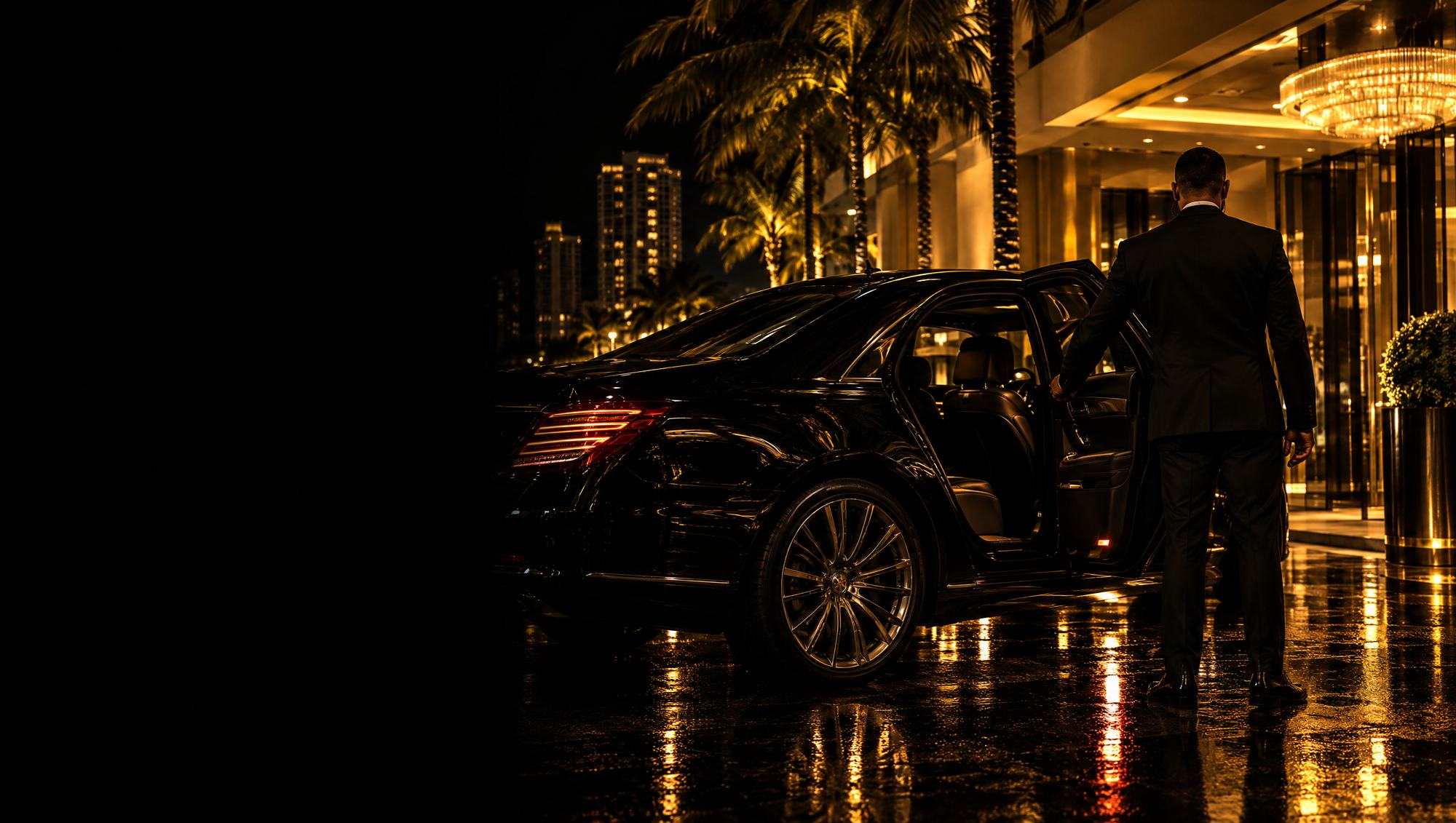 Protection agent holding the door of a black sedan outside a Miami hotel at night